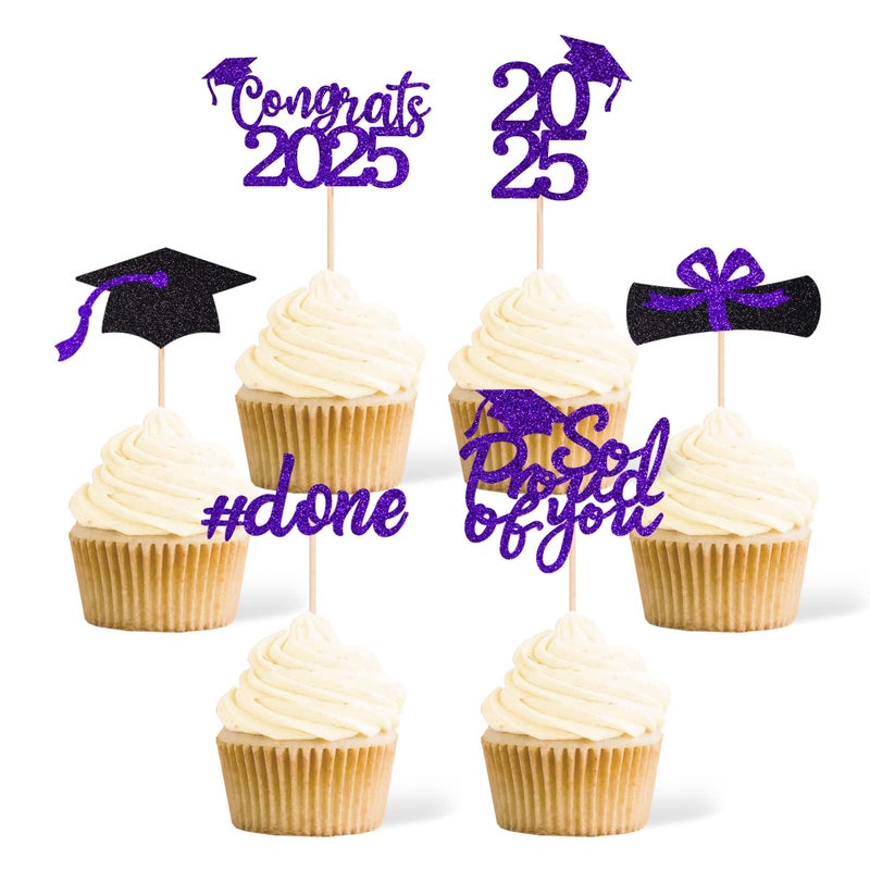 Gexolenu 36pc Purple Graduation Cake Toppers, Class of 2025, Double-Sided Glitter, 36 Pieces - Image 1